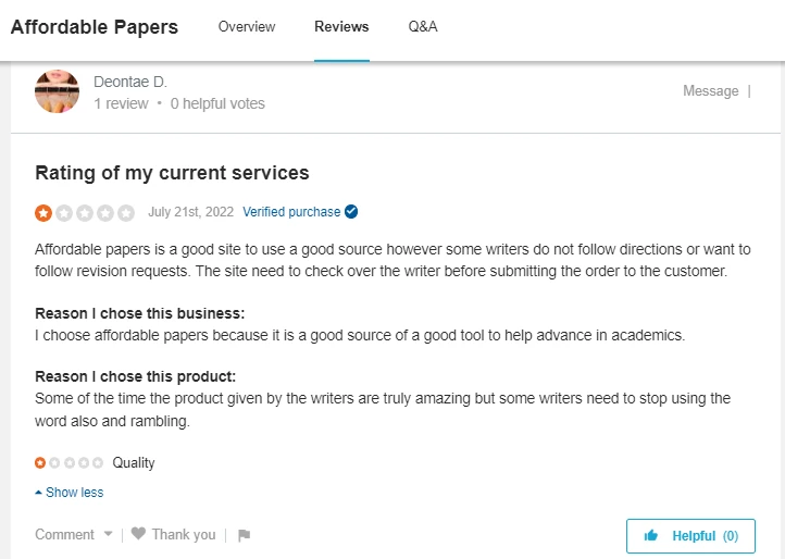 AffordablePapers review on Sitejabber